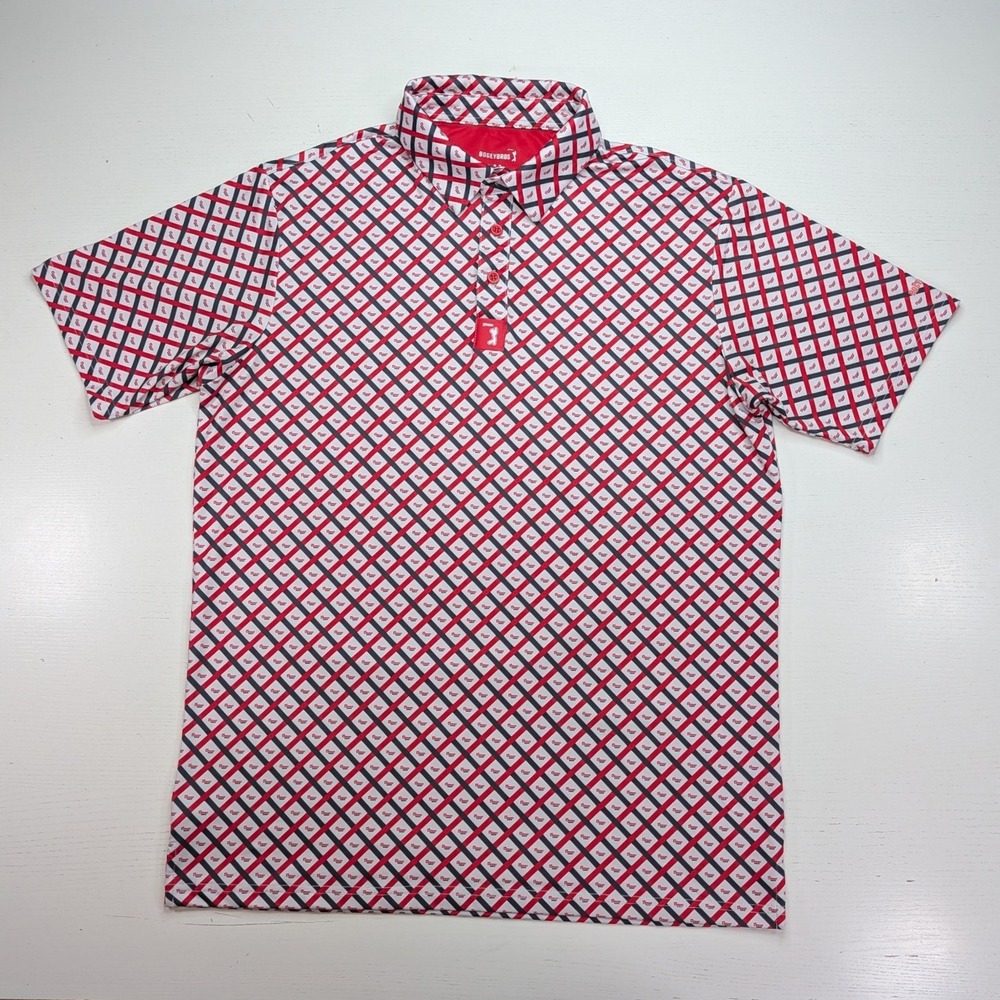 Bogey Bros Curves Right Golf Polo Mens M Red Black Lattice Print Stretch